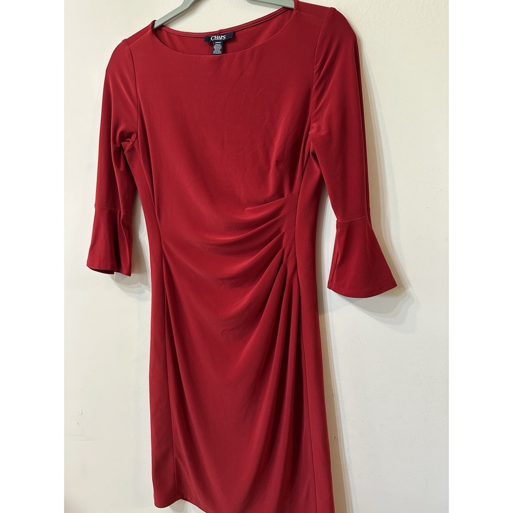 Chaps Womens Red Ruched Sheath Dress Bell Sleeve Boat Neck Stretch Size S Small